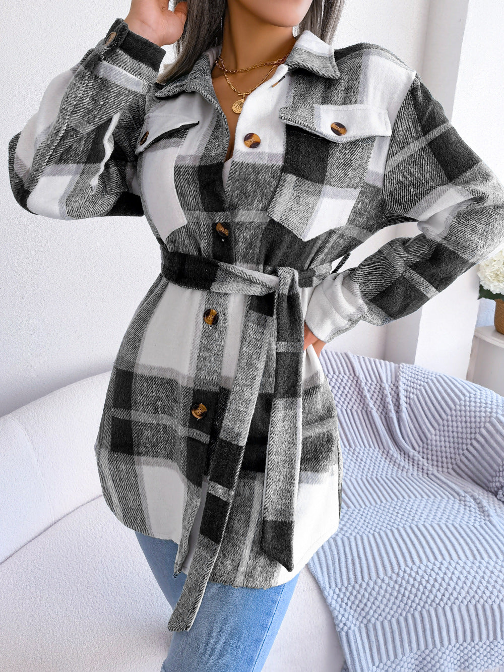 Autumn Winter Leisure Long Sleeve Tied Thick Woolen Coat Women Clothing