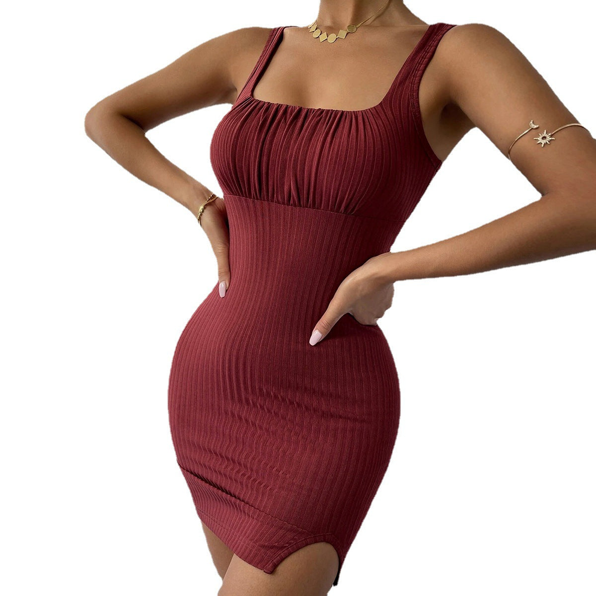 Women Clothing Spring/Summer Sexy Slit Slim-Fitting Camisole Knitted Dress Hip