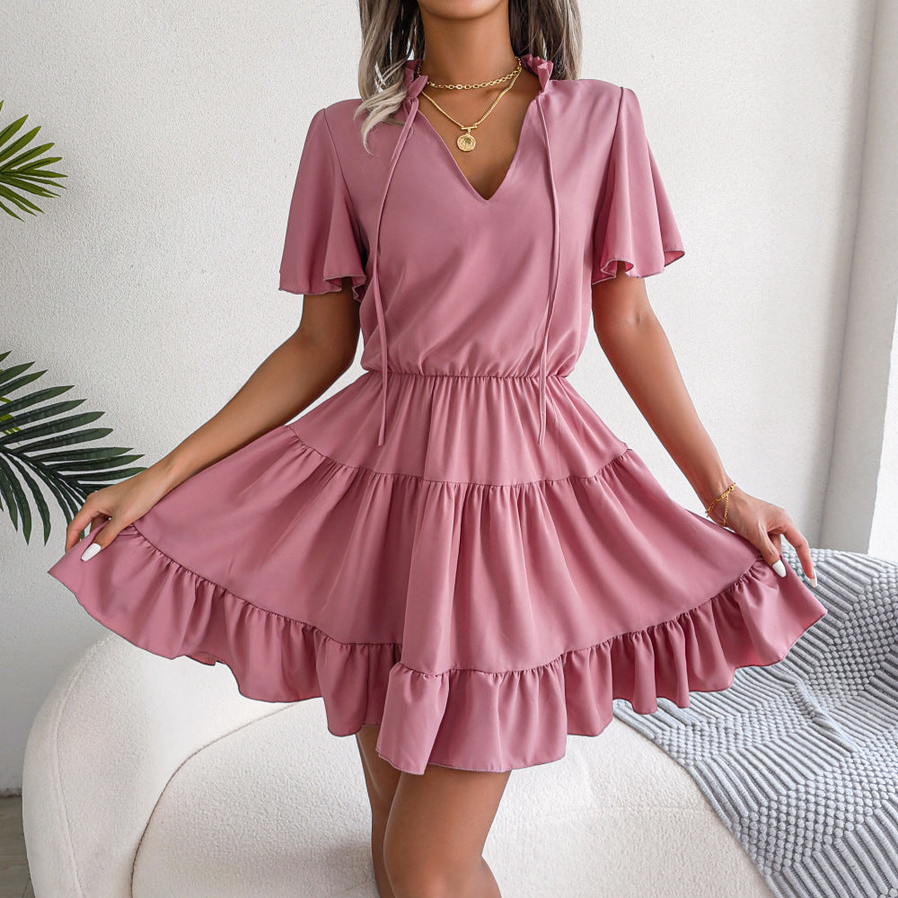 Spring Summer Flounced  Ribbon Big Hem A- line  Solid Color Dress Women Clothing