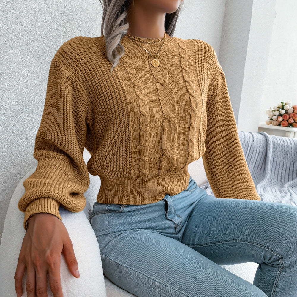 Autumn Winter Leisure Twist Lantern Sleeve Waist Trimming Knitted Sweater Women Clothing