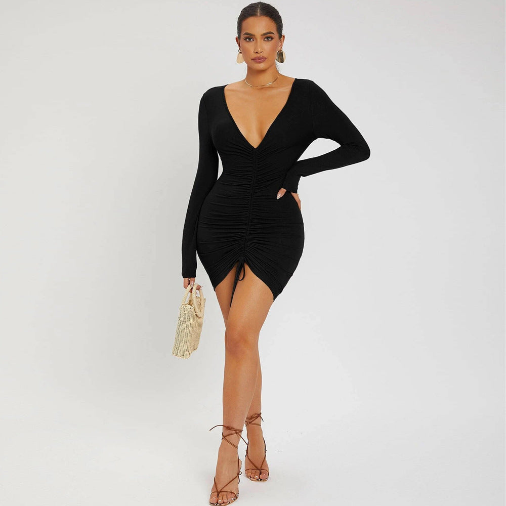 Women Clothing Autumn Winter Sexy V-neck Drawstring Tight Waist Sheath Knitted Long-Sleeved Dress