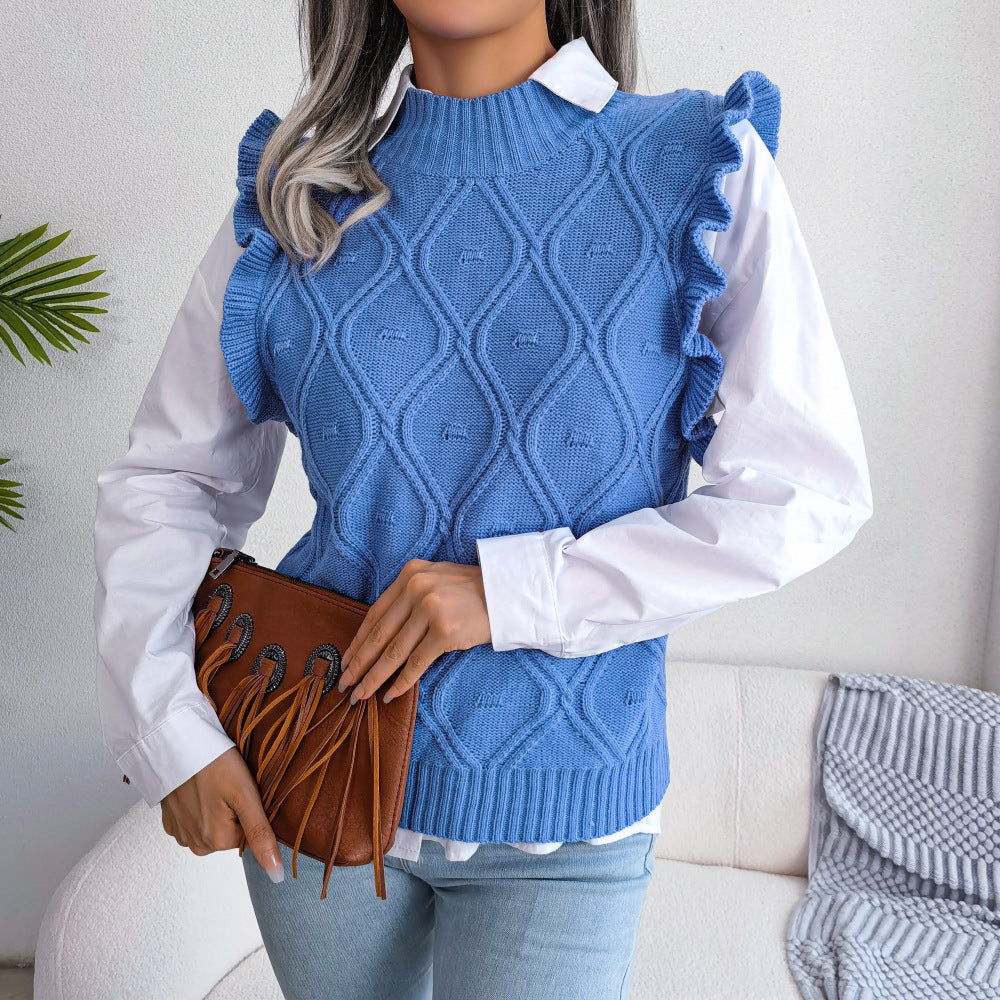 Autumn Winter Wooden Ear Diamond Knitted Vest Sweater Women Clothing