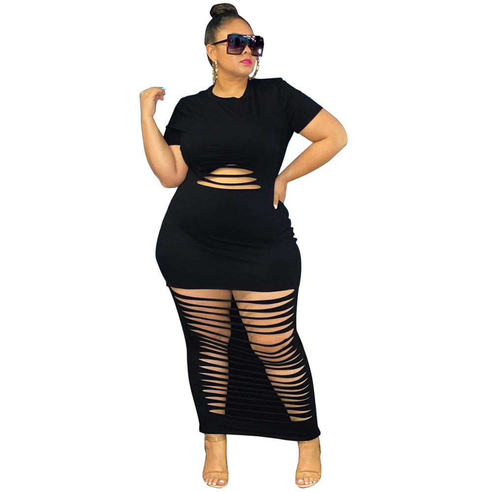 Plus Size Sexy Holes Solid Color Nightclub Skirt