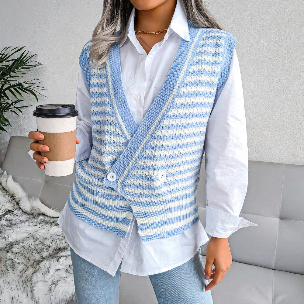 Stripe College Style Knitted Vest Sweater Women Clothing