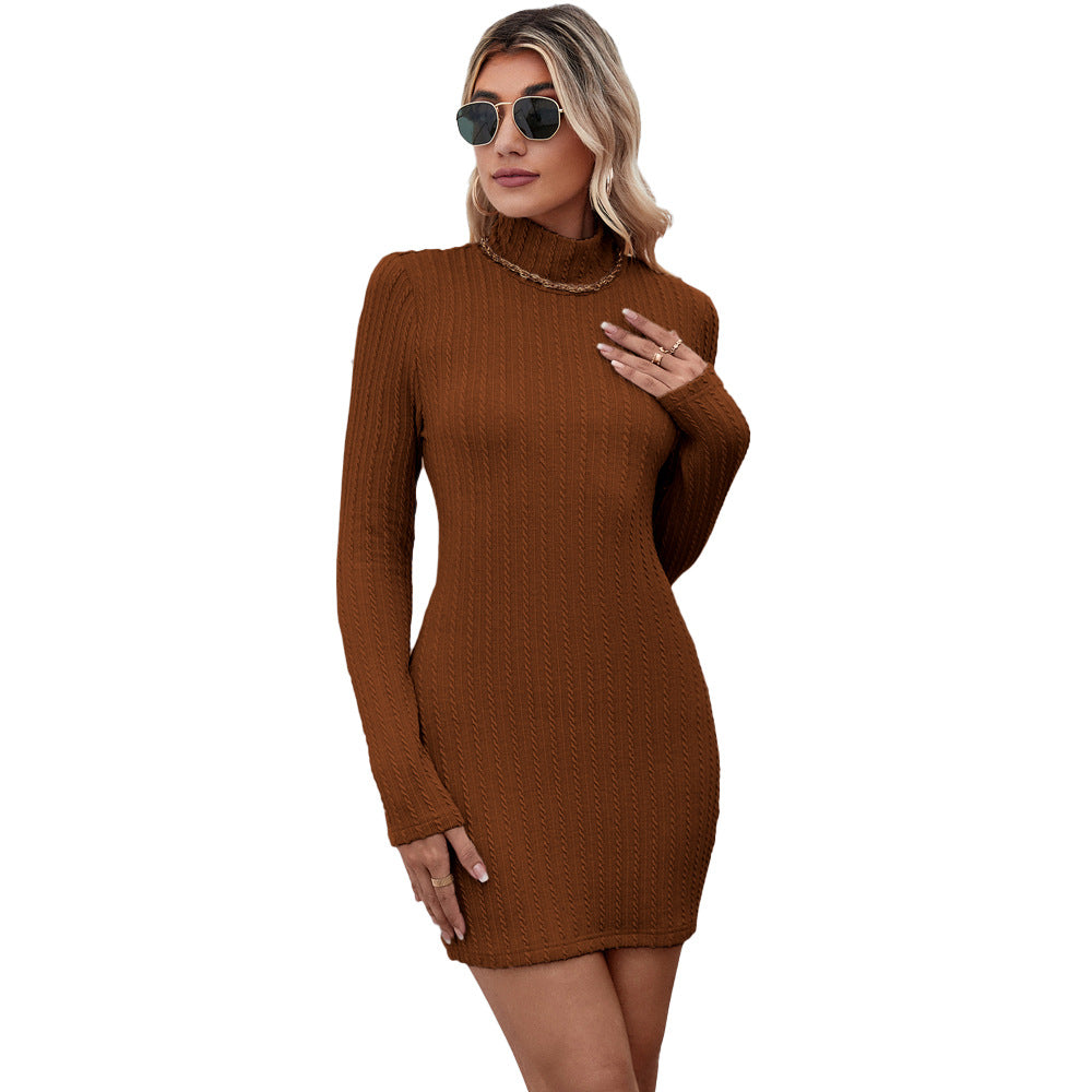 Popular Knitted Half Turtleneck Office Backless Pullover Sexy Dress for Women