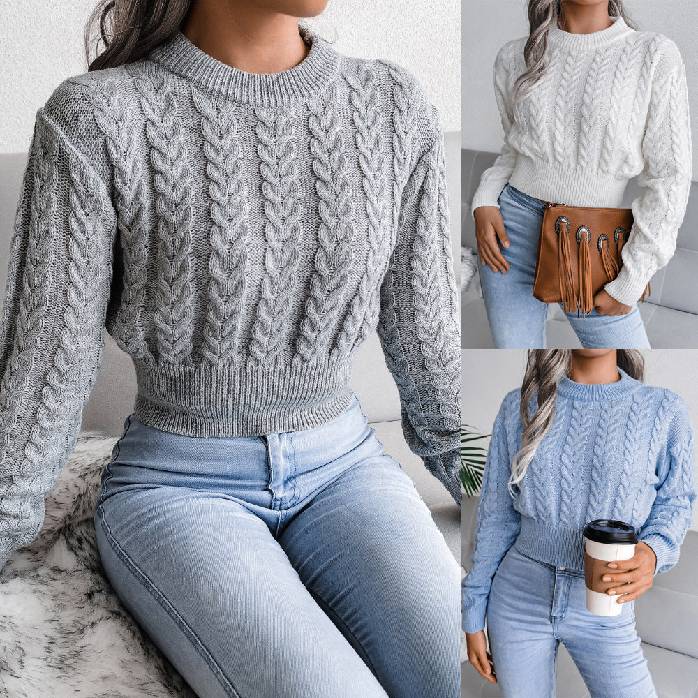 Autumn Winter Twist Waist Trimming Knitted Cropped Sweater Women Clothing