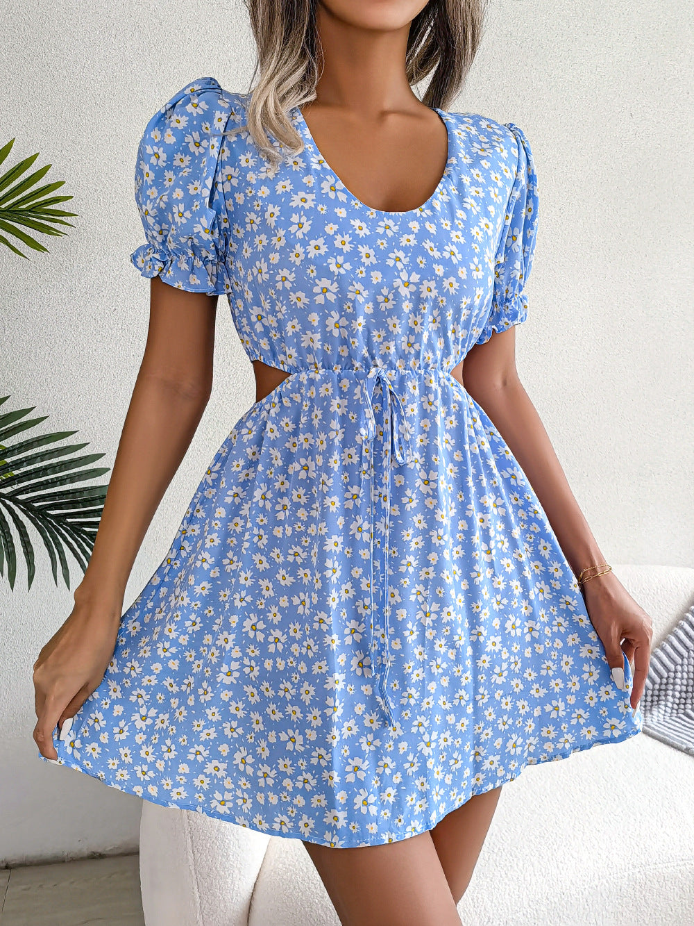 Spring Summer Leisure Hollow Out Cutout out Tied Short Sleeve Floral Dress Women Clothing