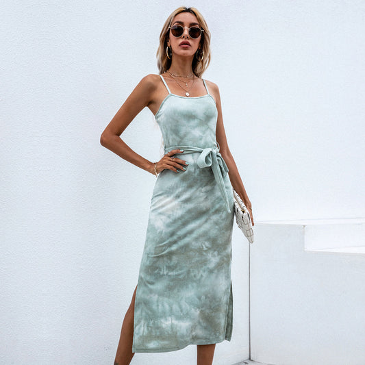 Spot  Women Clothing Sexy Slit Strap Tie-Dyed Dress Lace-up A- line Knitted Midi Dress