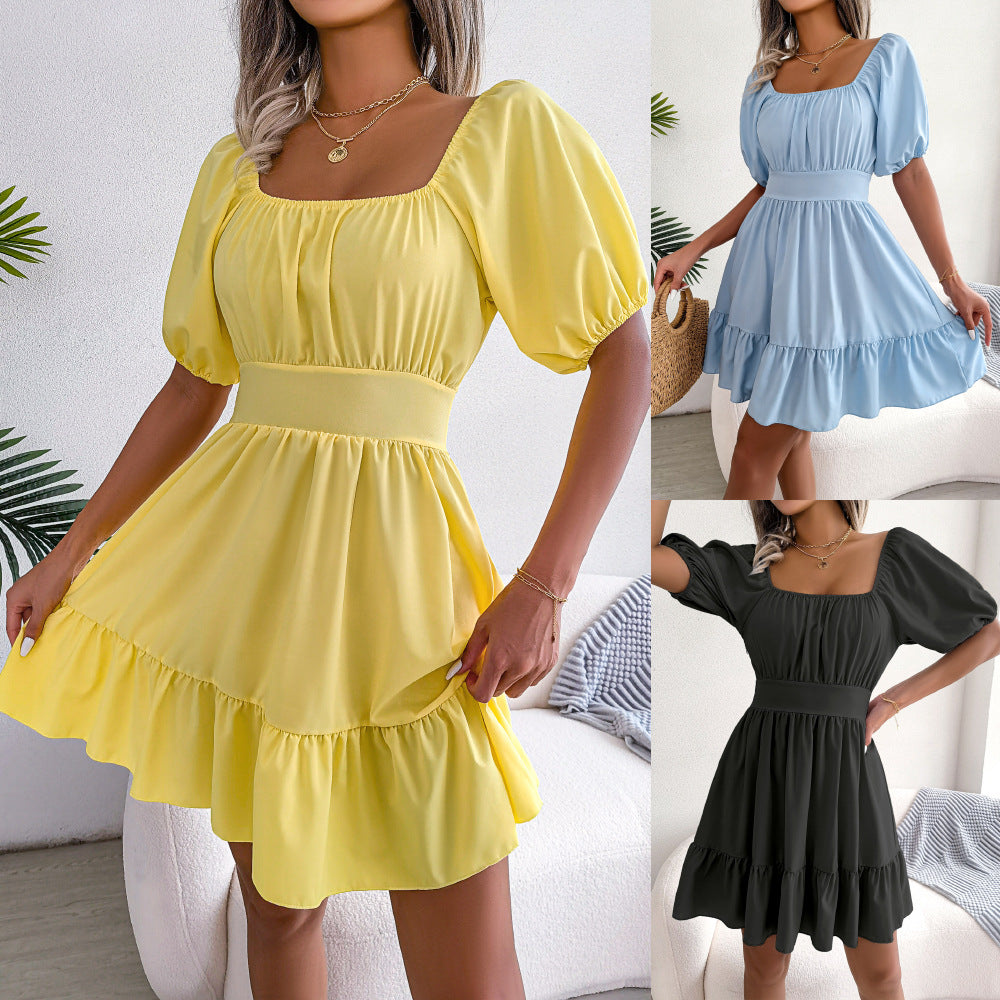 Style Spring Summer New Casual Square Collar Backless Tied Lotus Leaf Large Swing Dress Women Clothing Tiered Dress