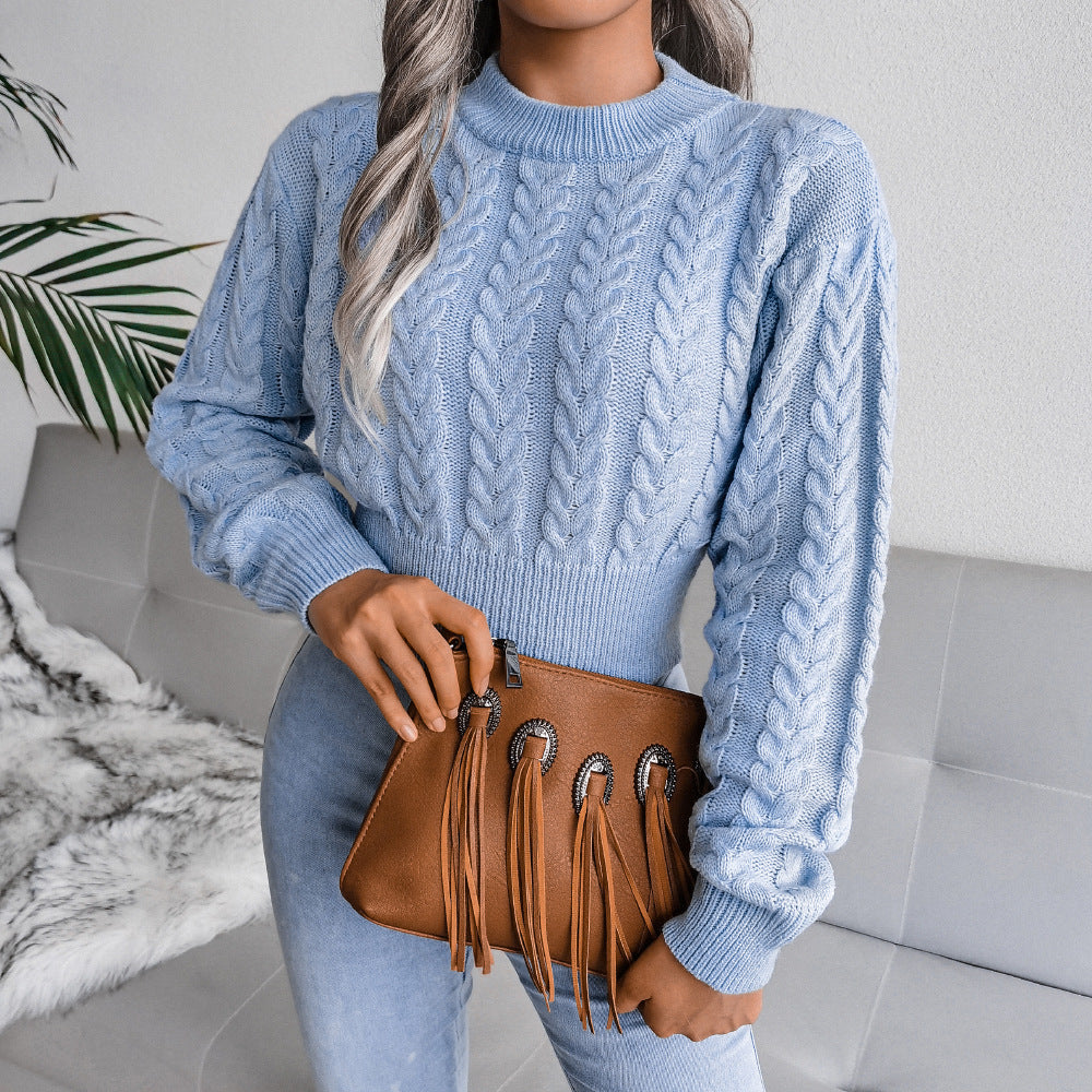 Autumn Winter Twist Waist Trimming Knitted Cropped Sweater Women Clothing