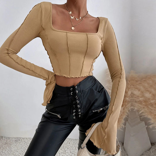 Women Clothing  Autumn Winter Slim Fit Long Sleeve Square-Neck Pullover Knitted Top T-shirt for Women