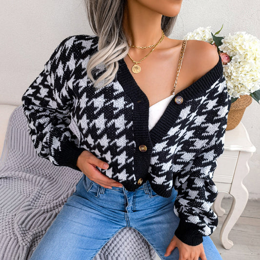 Autumn Winter Leisure Lantern Long Sleeve Houndstooth Cardigan Sweater Coat Women Clothing