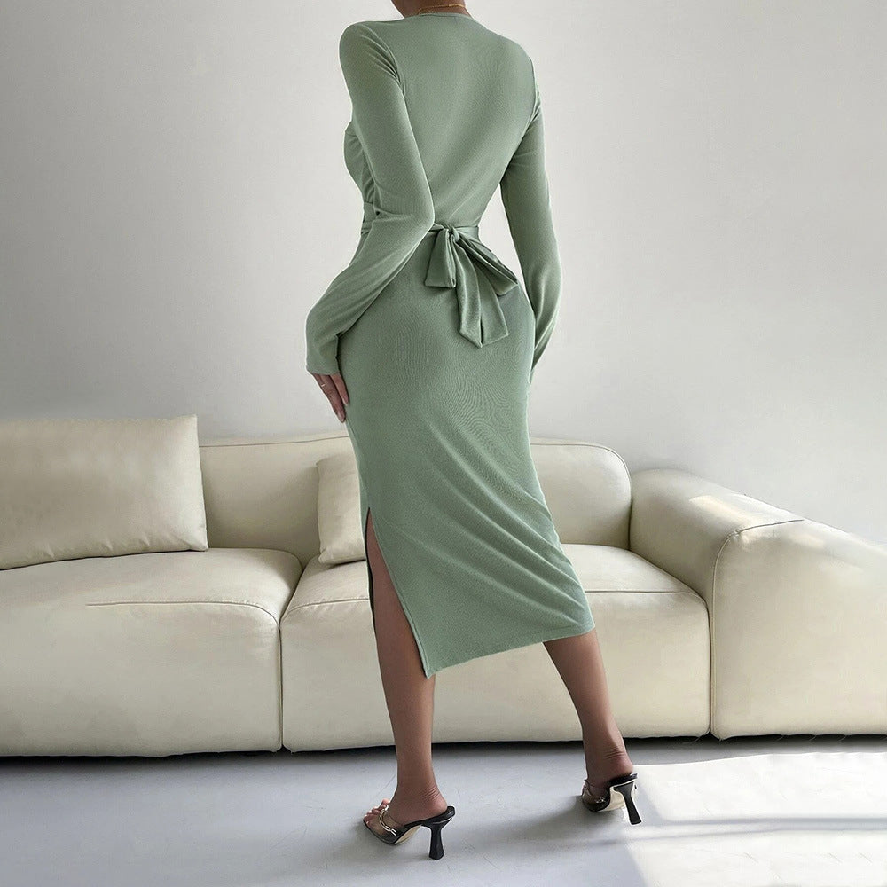 Women Clothing round Neck Slim Fit Hip Wrapped Mid Length Dress Long Sleeve Dress