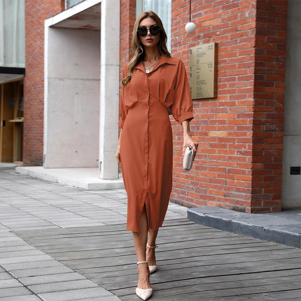 Elegant Women Streetwear V-neck Pure Color All-Matching One Breasted 3/4 Sleeve Dress