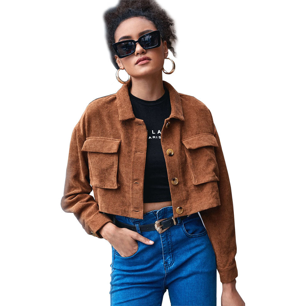 Autumn Winter  Women Clothing Casual Single-Breasted Bellows Pocket Lapel Corduroy Long-Sleeved Jacket Jacket