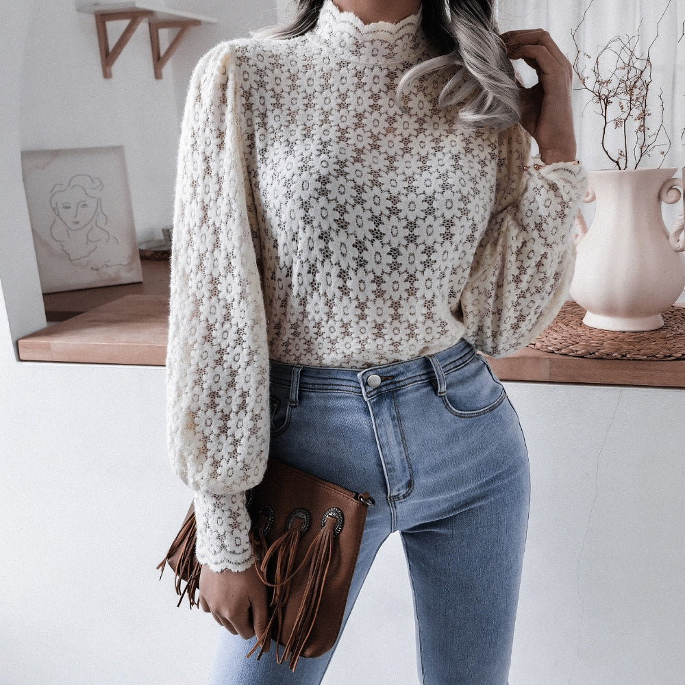 Style  Lantern Long Sleeve Stand Collar Lace Shirt Top  Women Clothing