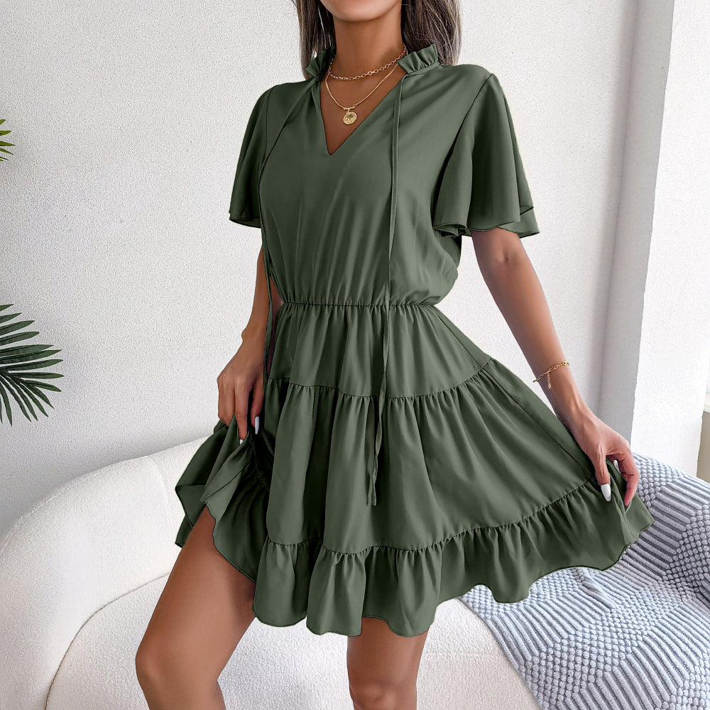 Spring Summer Flounced  Ribbon Big Hem A- line  Solid Color Dress Women Clothing