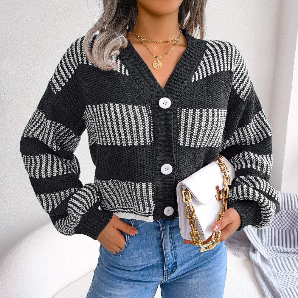 Winter Striped Lantern Sleeve Cardigan Sweater Coat Women Clothing