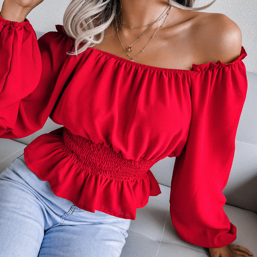 style real shot autumn winter sexy off-shoulder off-shoulder hem ruffled chiffon shirt top women clothing