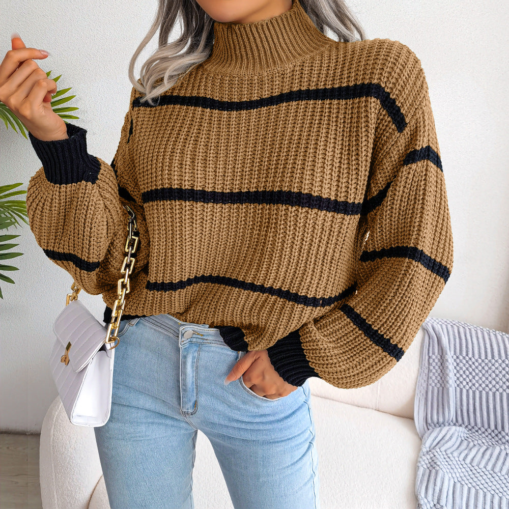 Autumn Winter Leisure Striped Lantern Sleeve Half Turtleneck Knitted Sweater Women Clothing