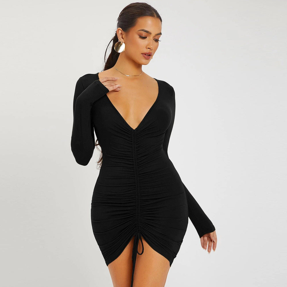 Women Clothing Autumn Winter Sexy V-neck Drawstring Tight Waist Sheath Knitted Long-Sleeved Dress