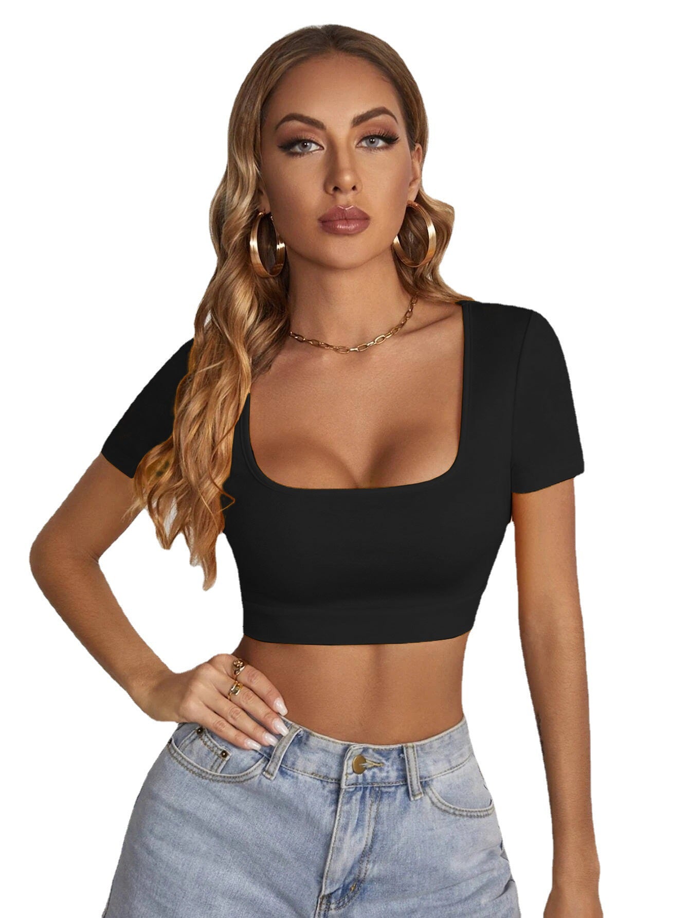 Women Clothing Summer New  Square Collar Navel T-shirt Sexy Slim Street Style Short Sleeve