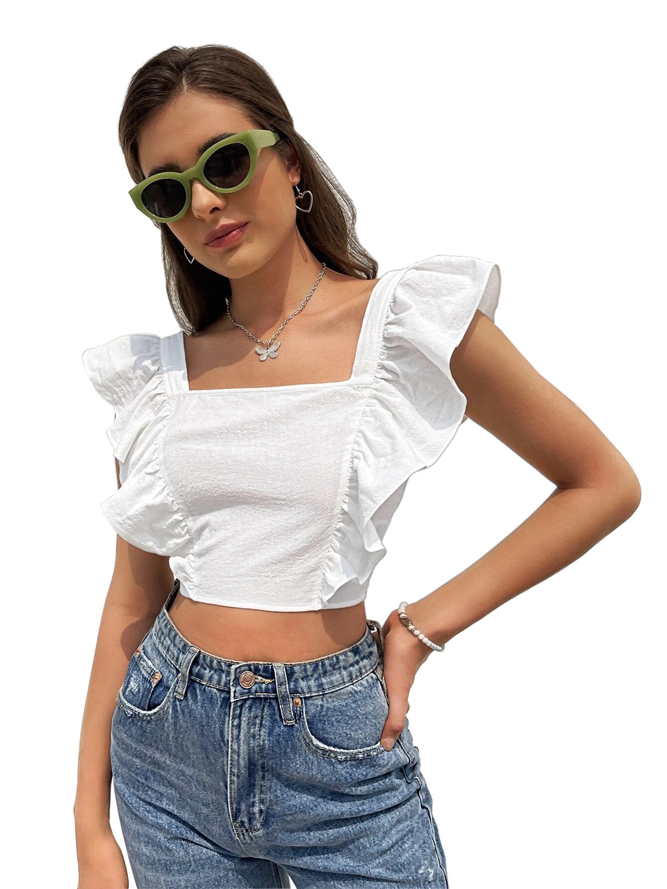 Women Clothing Backless Lace up Ruffle Sleeve Fresh Sweet Square Neck T-shirt Vest Sleeveless Top