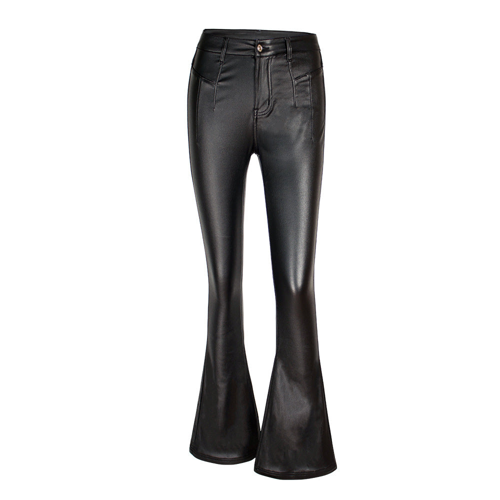 Autumn Winter Black High Waist Brushed Bottom Faux Leather Pants Wide Leg Pants Bell-Bottom Pants Women