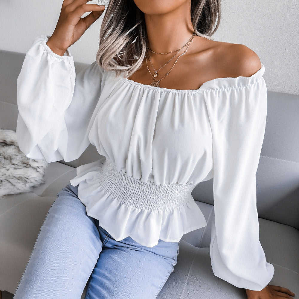 style real shot autumn winter sexy off-shoulder off-shoulder hem ruffled chiffon shirt top women clothing