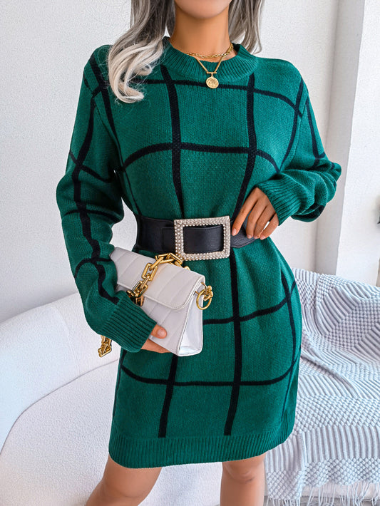 Autumn Winter Leisure Color Contrast Check Long Sleeve Base Sweater Dress Women Clothing No Belt