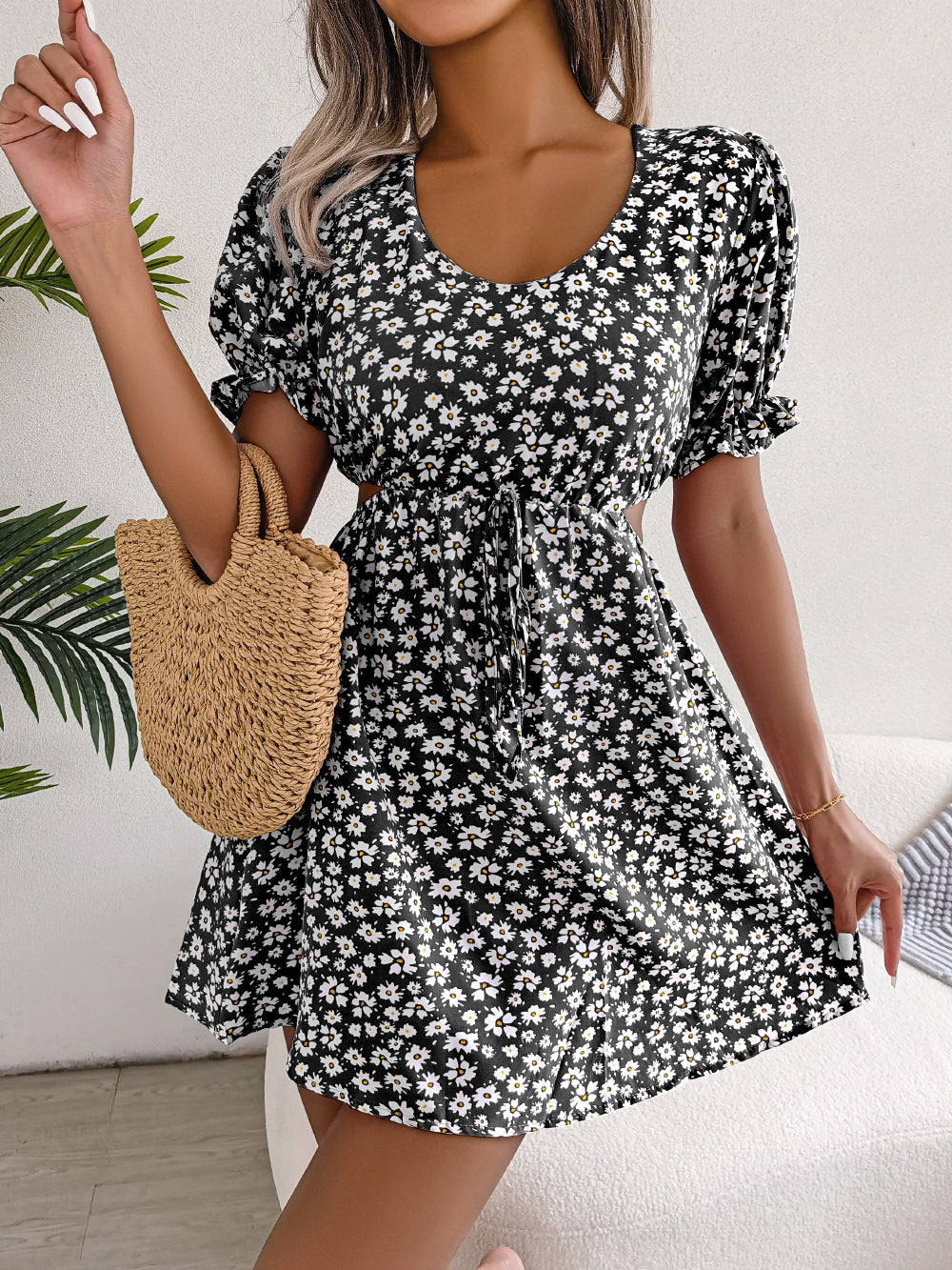 Spring Summer Leisure Hollow Out Cutout out Tied Short Sleeve Floral Dress Women Clothing