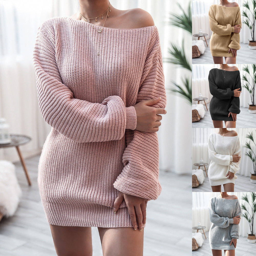 Autumn Winter  Long Sleeve off Shoulder Casual Loose Knitted Sweater Dress Women Clothing