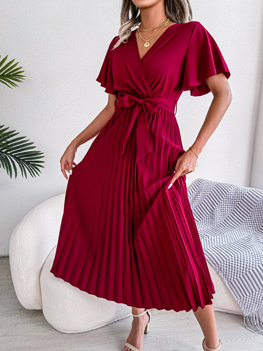 Spring Summer Elegant Cross V-neck Swing Pleated Dress Women Clothing