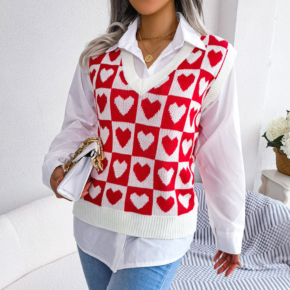 Autumn Winter College Style Heart Knitted Vest Sweater Vest Women Clothing