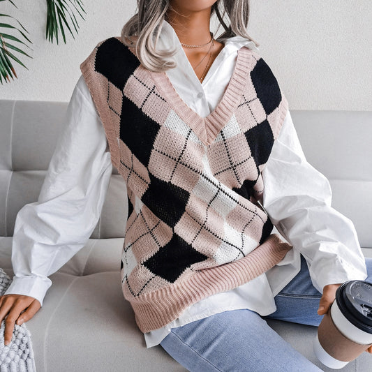 Autumn Winter  College Style Rhombus V-neck Casual Loose Knit Vest Sweater  Women Clothing