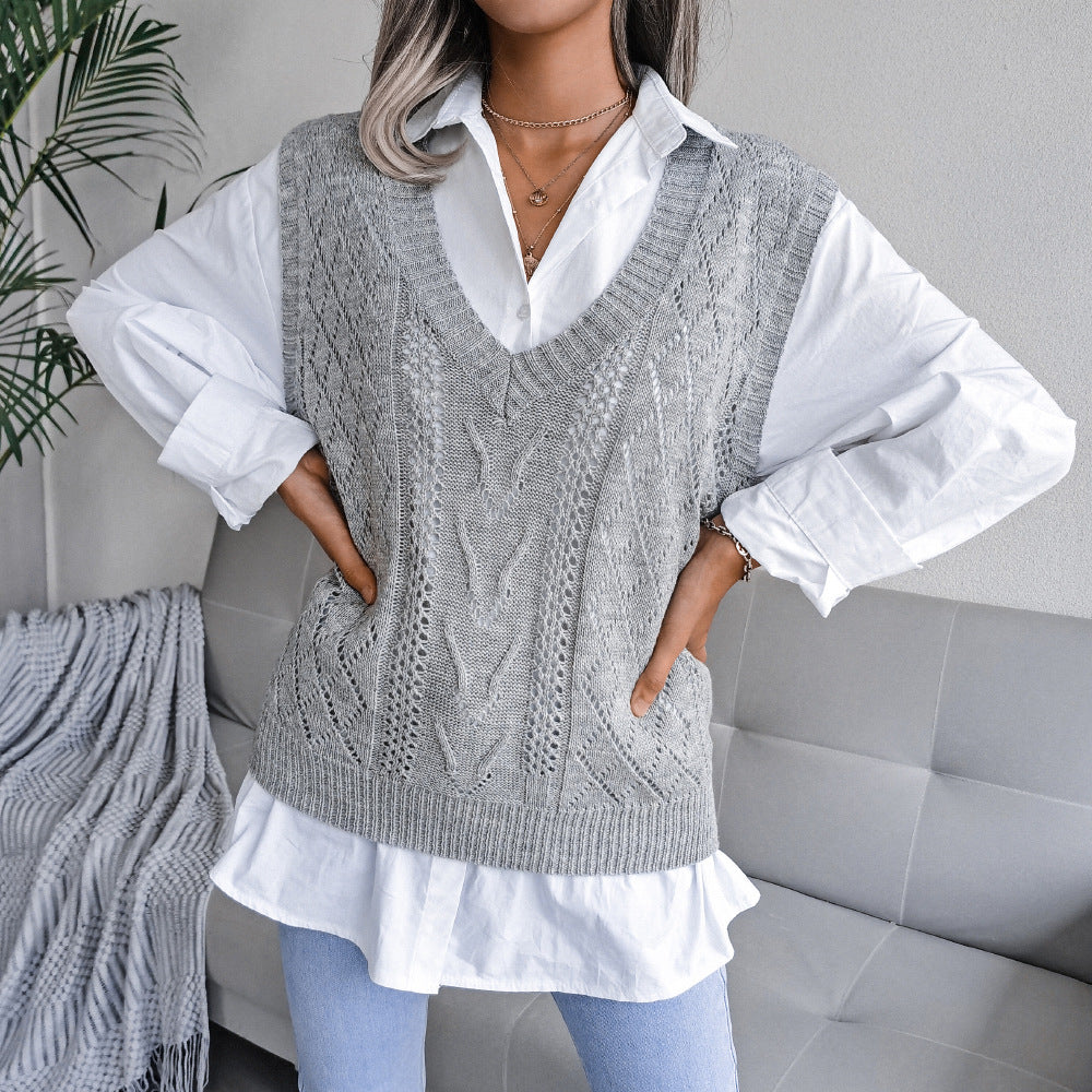 Style Autumn Winter Cutout Twist V neck Knitted Vest Sweater Women Clothing