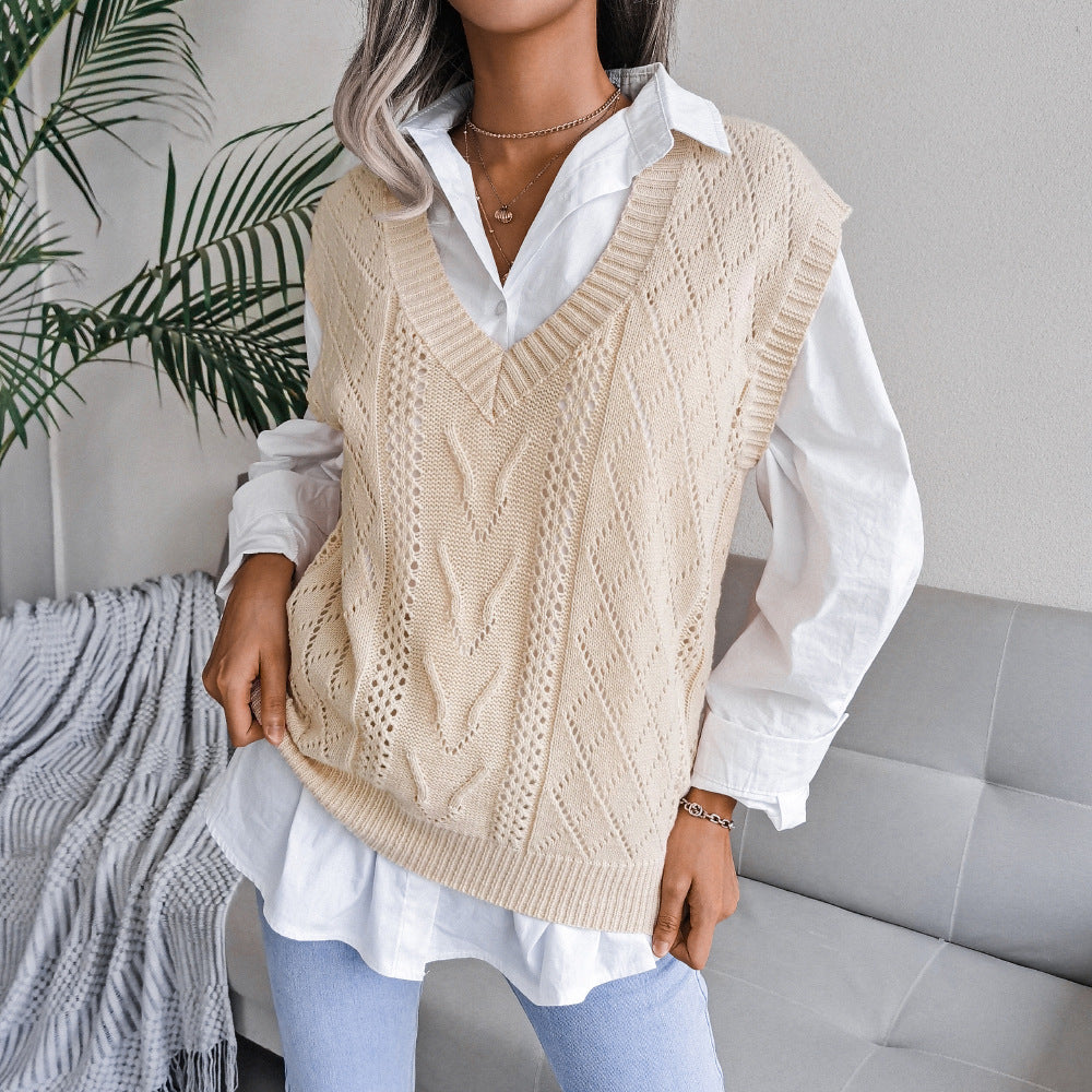 Style Autumn Winter Cutout Twist V neck Knitted Vest Sweater Women Clothing