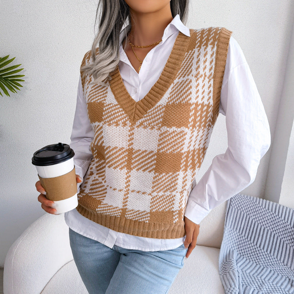 Autumn Winter Leisure Color Contrast Check Knitted Vest Sweater Vest Women Clothing