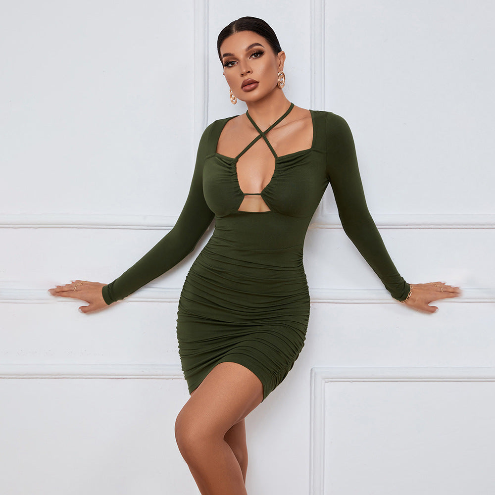 Women Clothing Sexy Cutout Lace up Waist Controlled Slimming Fashionable Tight  Short  Sheath Long Sleeve Dress