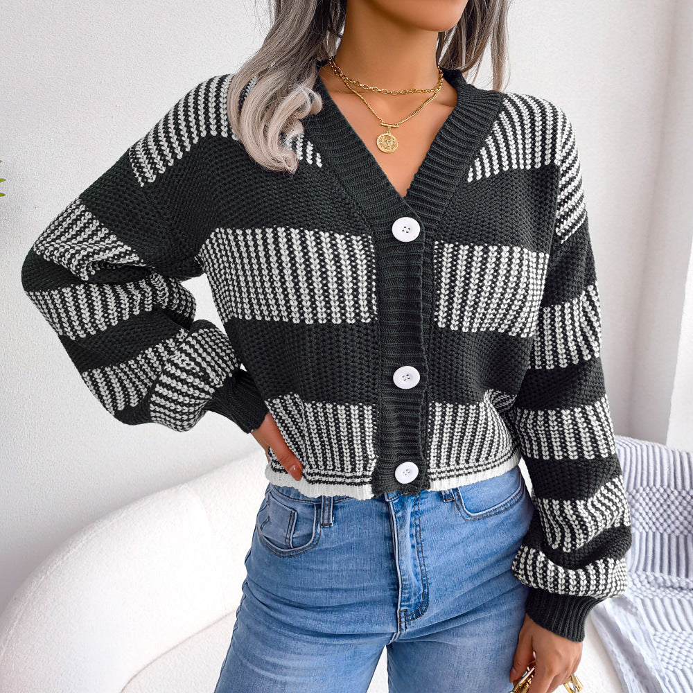 Winter Striped Lantern Sleeve Cardigan Sweater Coat Women Clothing