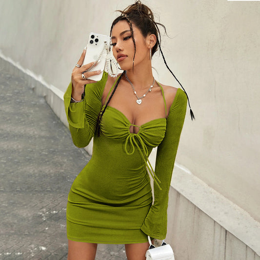 Women Online Red Style Hollow Out Cutout out Strap Split Backless Long Sleeve Hip  Dress