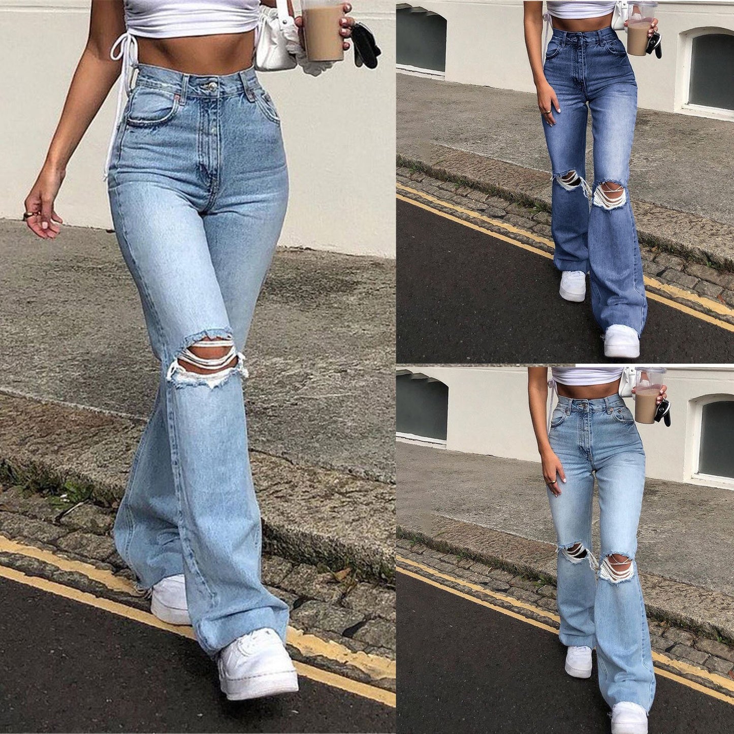 High Waist Retro Stretch Slim Knee Hole Bell-Bottom Pants