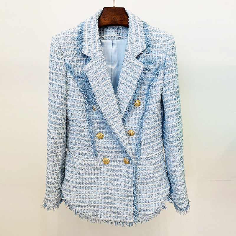 Goods Autumn Winter Double Breasted Fringe Tweed Mid Length Blazer