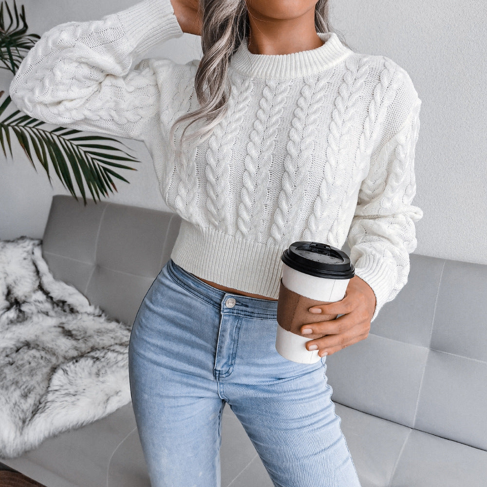 Autumn Winter Twist Waist Trimming Knitted Cropped Sweater Women Clothing