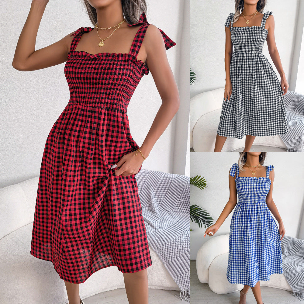 Spring Summer Leisure Lace-up Contrast-Color Plaid Mid-Length Dress Women Clothing