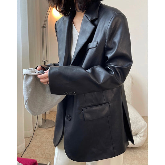 Autumn Winter New Retro Modern Faux Leather Profile Blazer Loose Casual Soft Top for Women Blazer