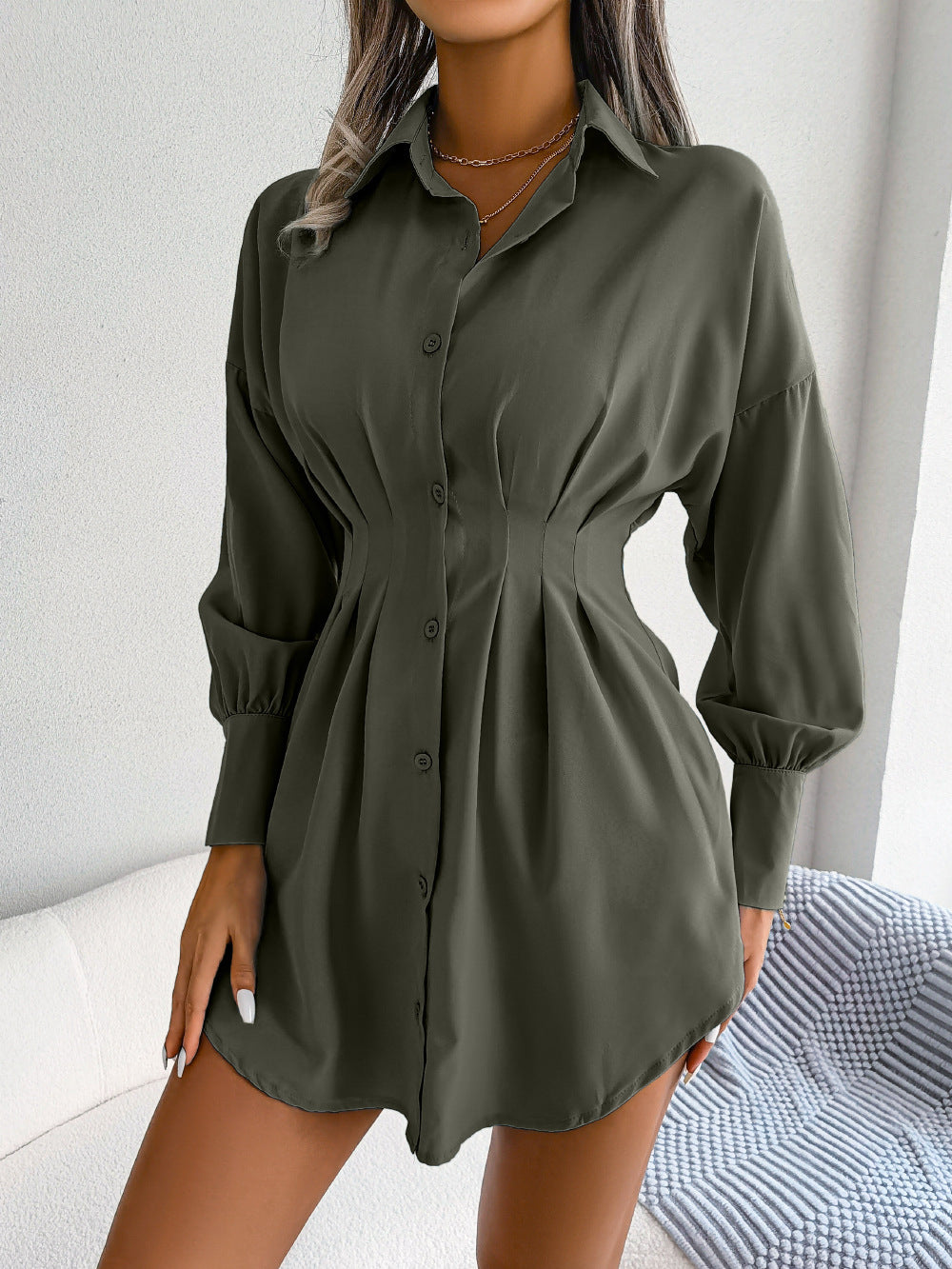 Autumn Winter Leisure Lantern Sleeve Waist-Tight Asymmetric Dress Shirt Dress Women Clothing