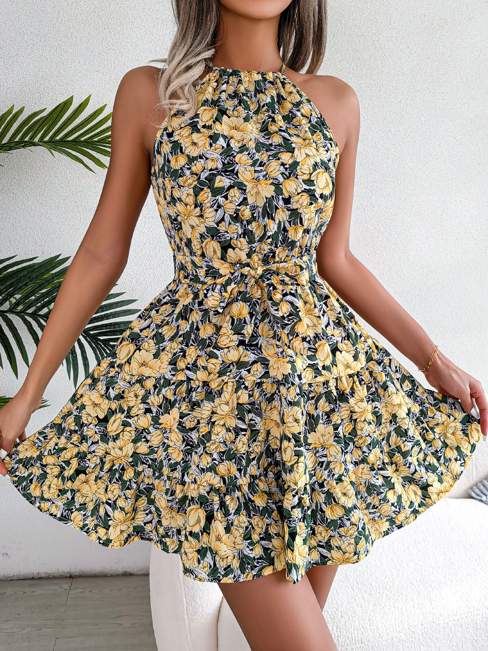 Spring Summer Leisure Tied Lotus Leaf Large Swing Floral Dress Women Clothing