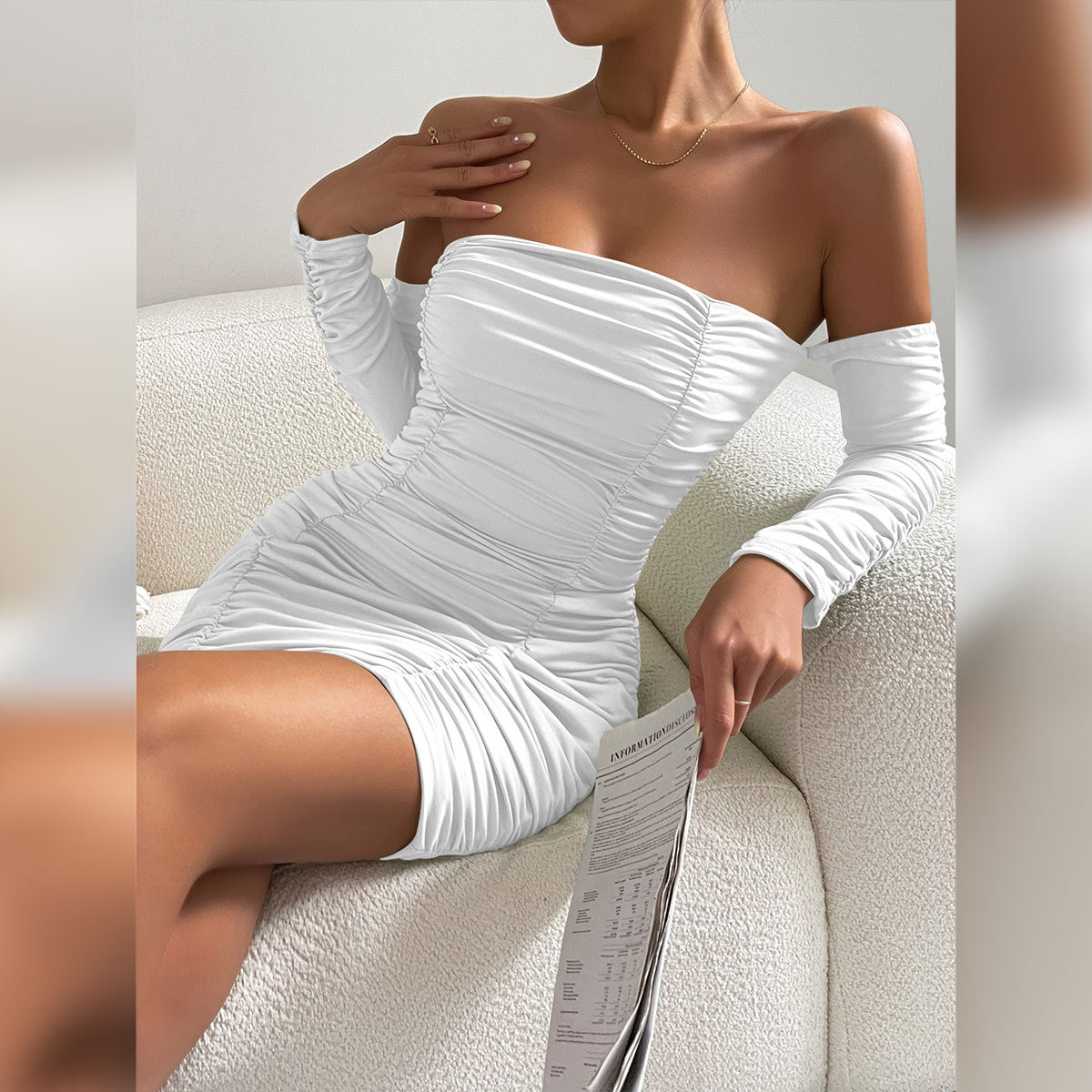 Women Clothing Spring Autumn Sexy Chest Wrapped Dress off Neck Long Sleeve Pleated Hip