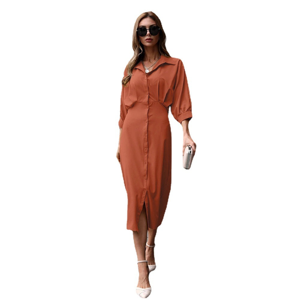 Elegant Women Streetwear V-neck Pure Color All-Matching One Breasted 3/4 Sleeve Dress